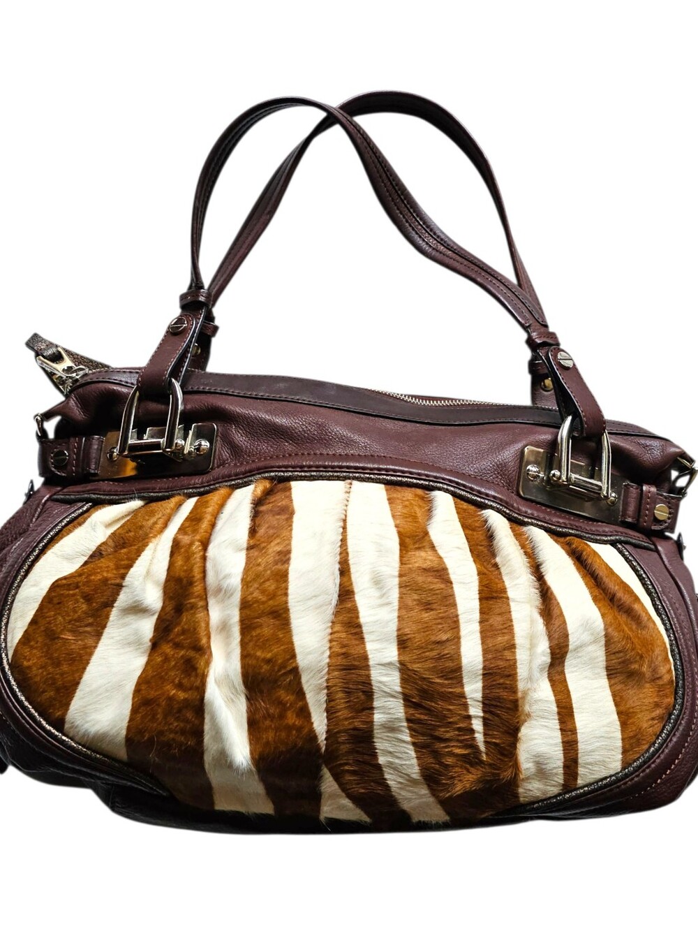 B. Makowsky Vtg 2010s Calf Hair Brown Leather Zebra-Print Shoulder Bag 18 X 12